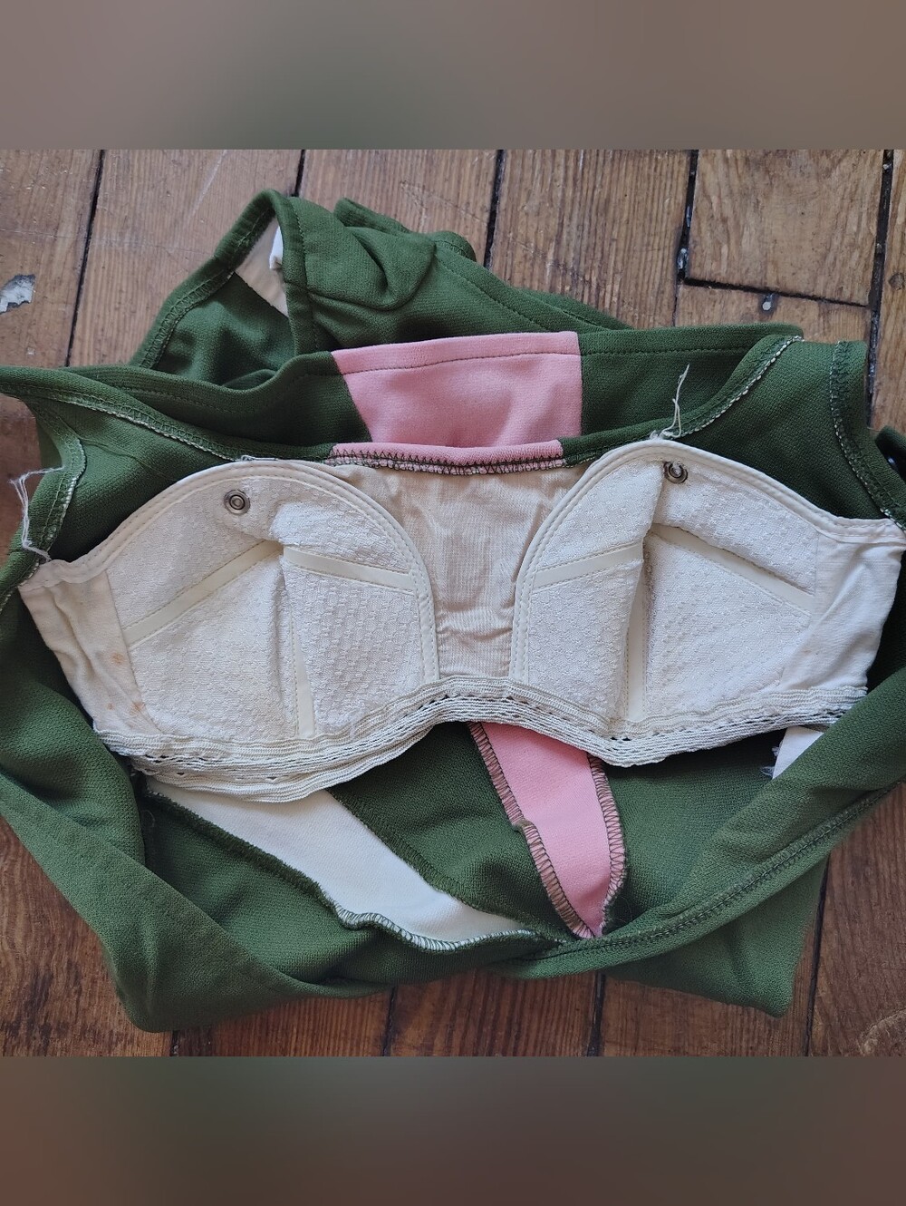60s Vintage Robby Len One Piece Pinup Swimsuit Green With Pink Stripes XS Small - Picture 3 of 7